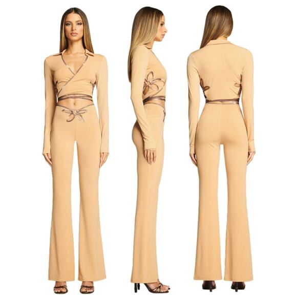 I AM GIA Renalee Floral Cutout Wrap Top Large Flare Pants Medium Set Tan - Picture 13 of 13